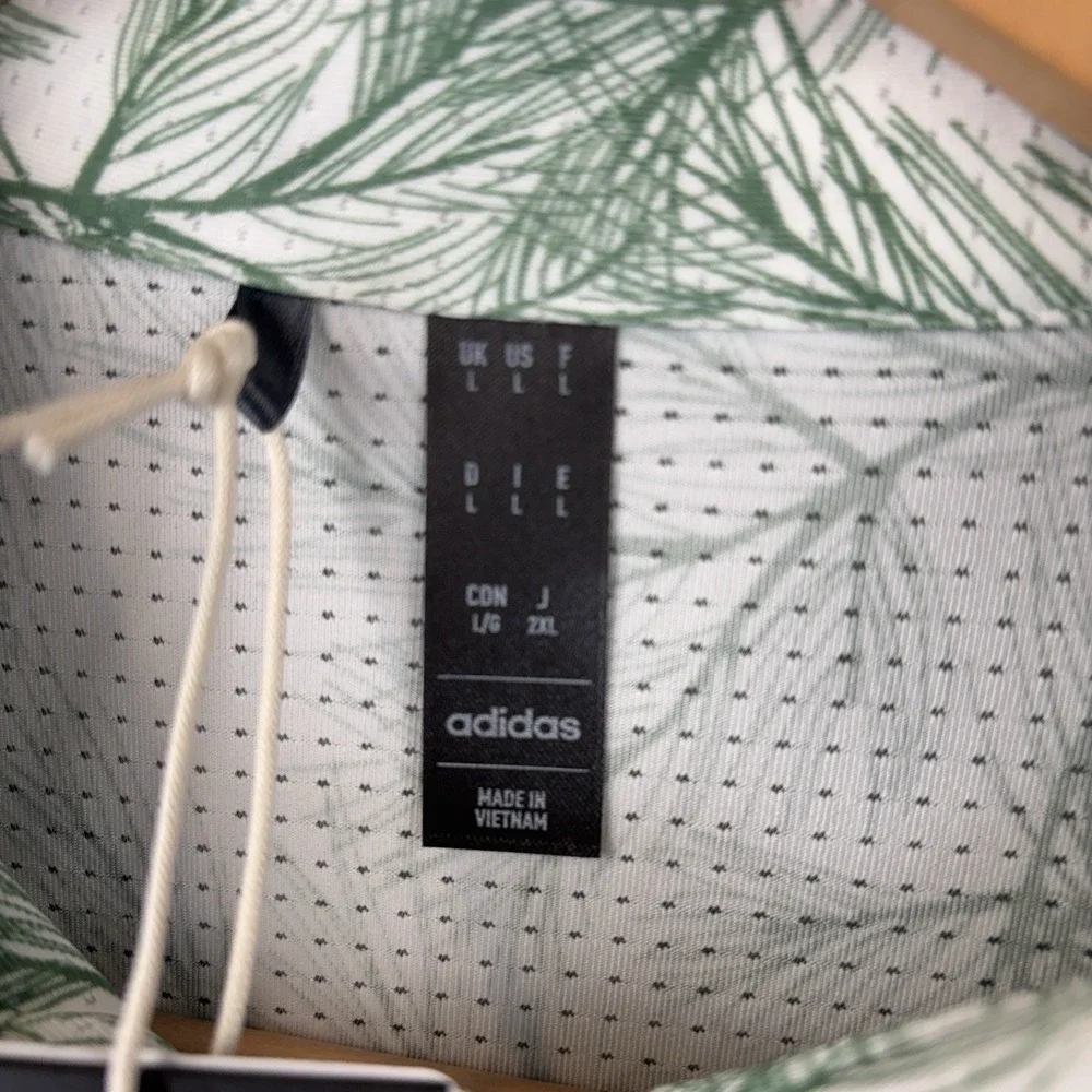 NEW Adidas Polo Golf Shirt Mens Large White Green Pine Needle Print Vented *Logo